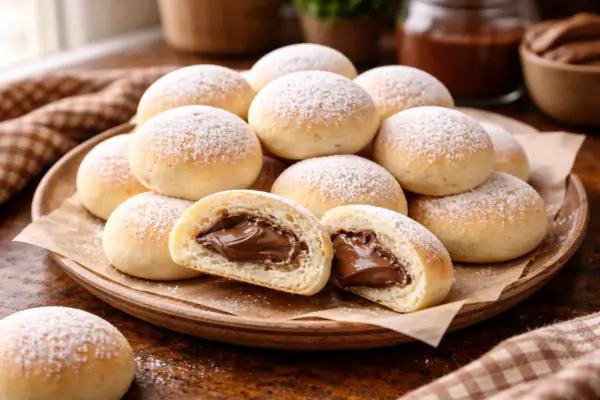 Pilha de pãezinhos doces redondos e fofos, polvilhados com açúcar de confeiteiro. Um dos pães está partido ao meio na frente, revelando um recheio generoso de creme de chocolate cremoso.