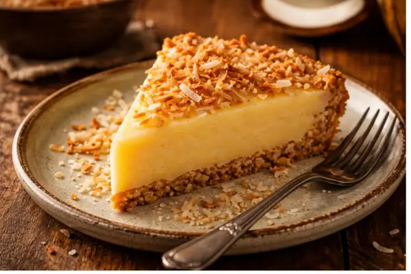 "Uma fatia triangular de pudim dourado de coco servida em um prato de cerâmica rústico. A fatia apresenta uma base de massa levemente granulada, um recheio amarelo claro muito cremoso e uma cobertura generosa de coco ralado tostado e crocante. Ao lado, um garfo de prata sobre uma mesa de madeira escura com iluminação quente e acolhedora."