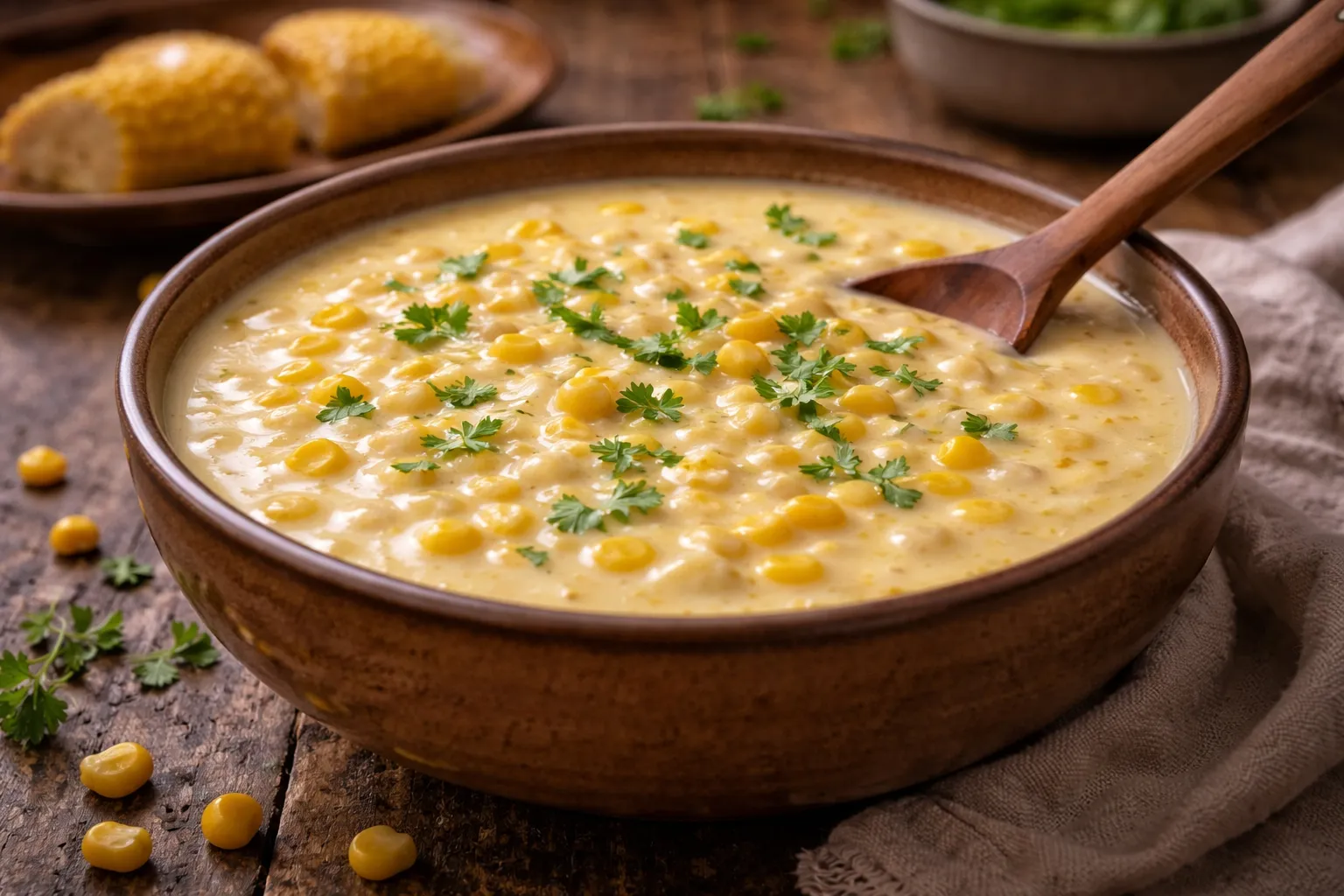 creme de milho cremoso servido em tigela rústica