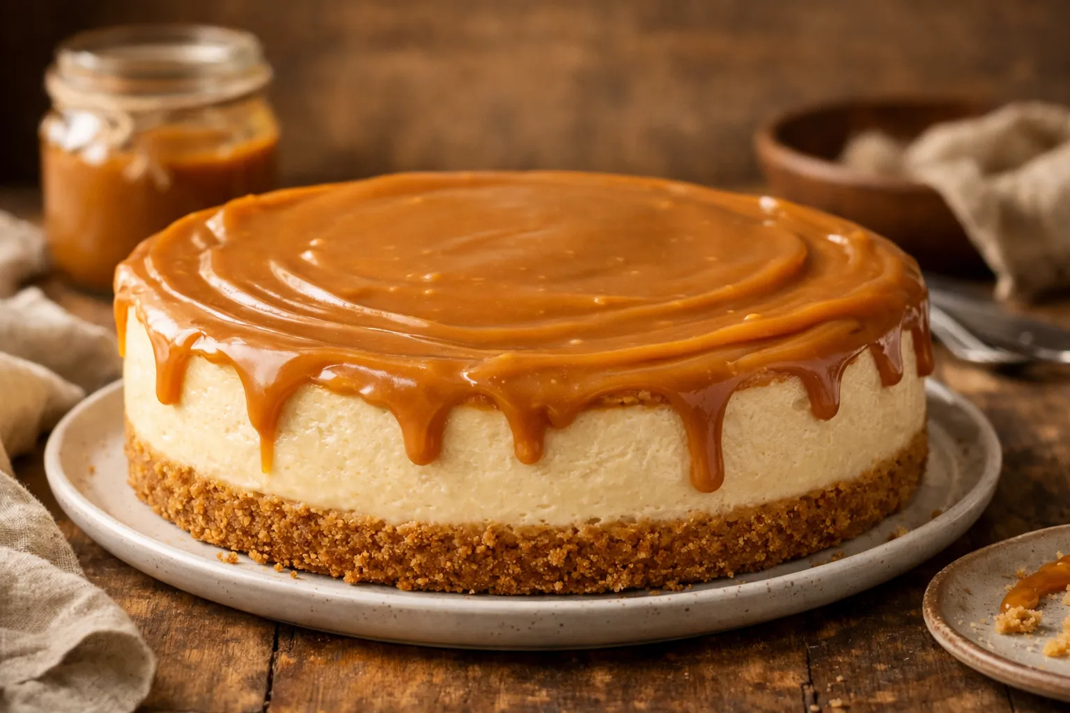 cheesecake de doce de leite cremoso com cobertura brilhante