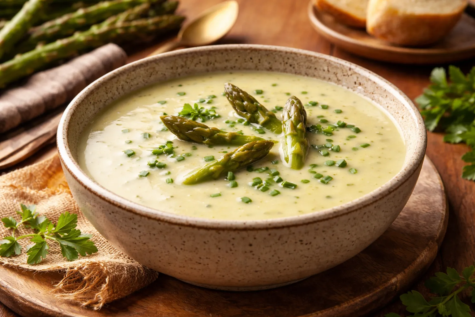 creme de aspargos cremoso servido quente