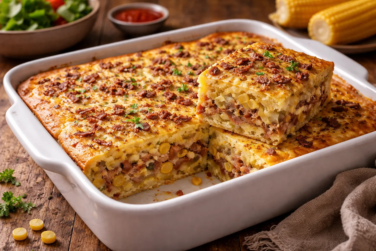 torta de milho com carne-seca dourada recém assada