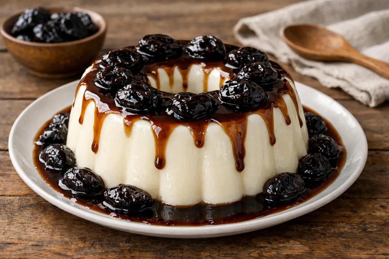 Manjar Branco Tradicional servido com calda de ameixa