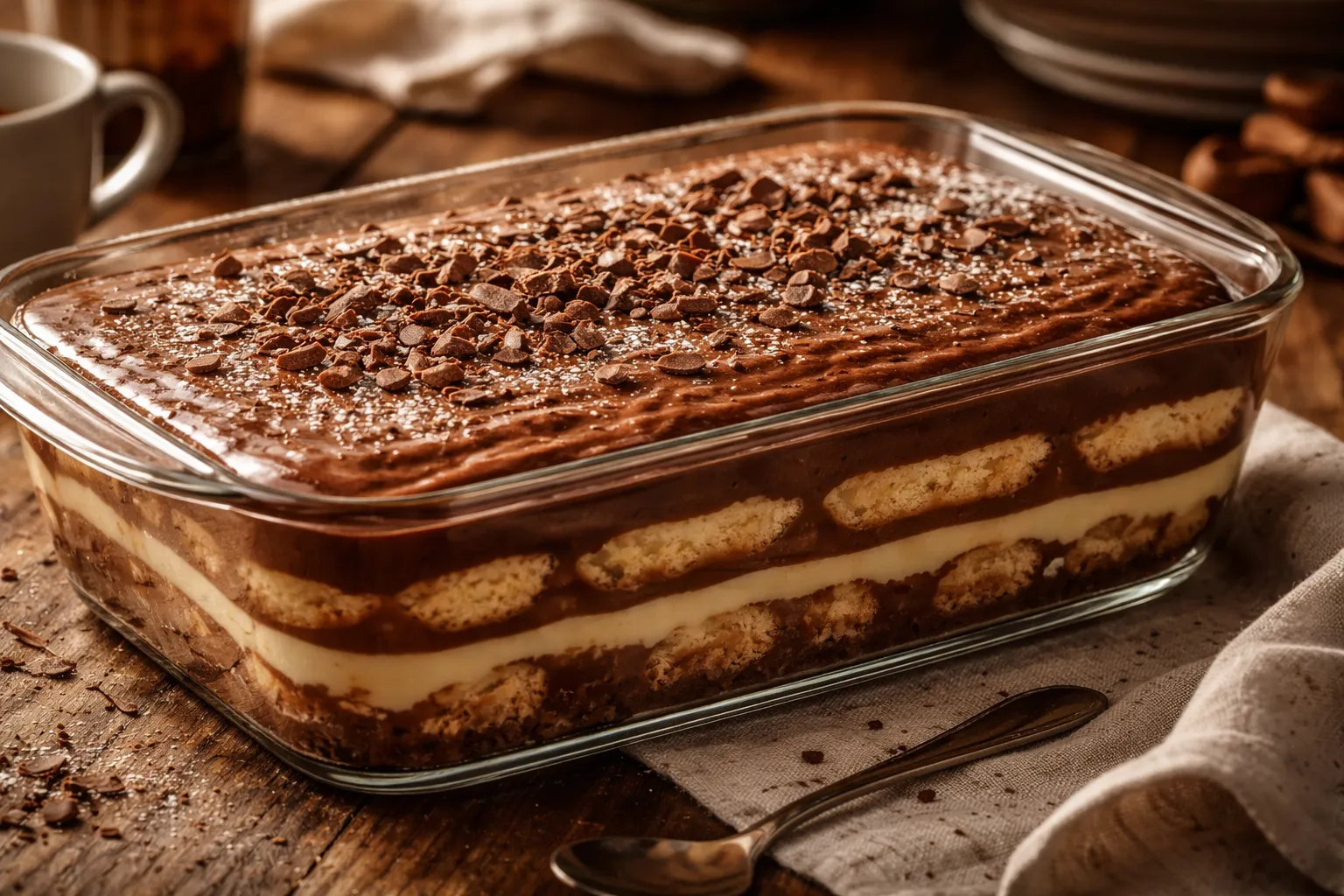 Pavê de chocolate com vinho do porto cremoso servido em travessa