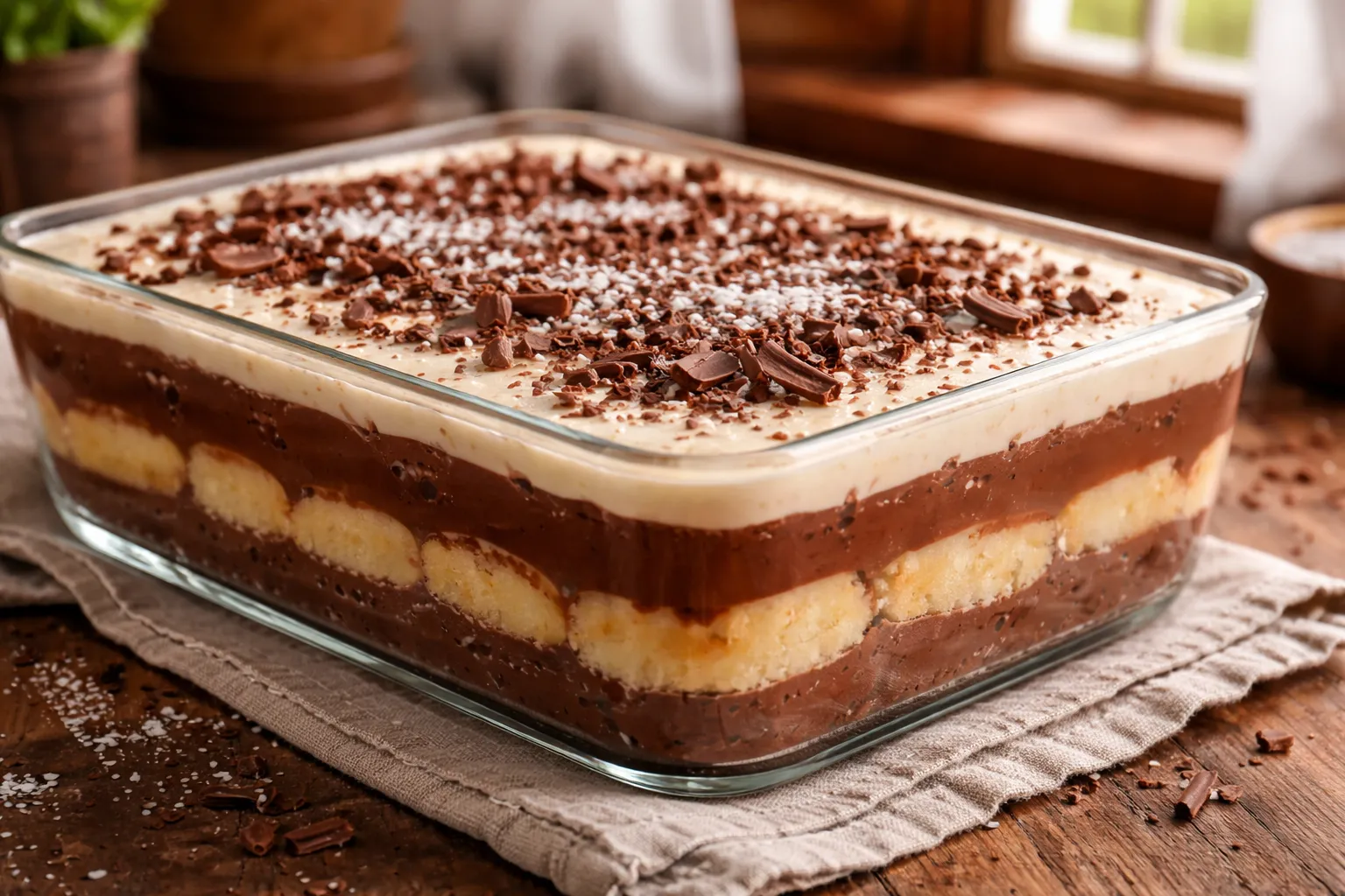 pavê de coco e chocolate cremoso em travessa de vidro