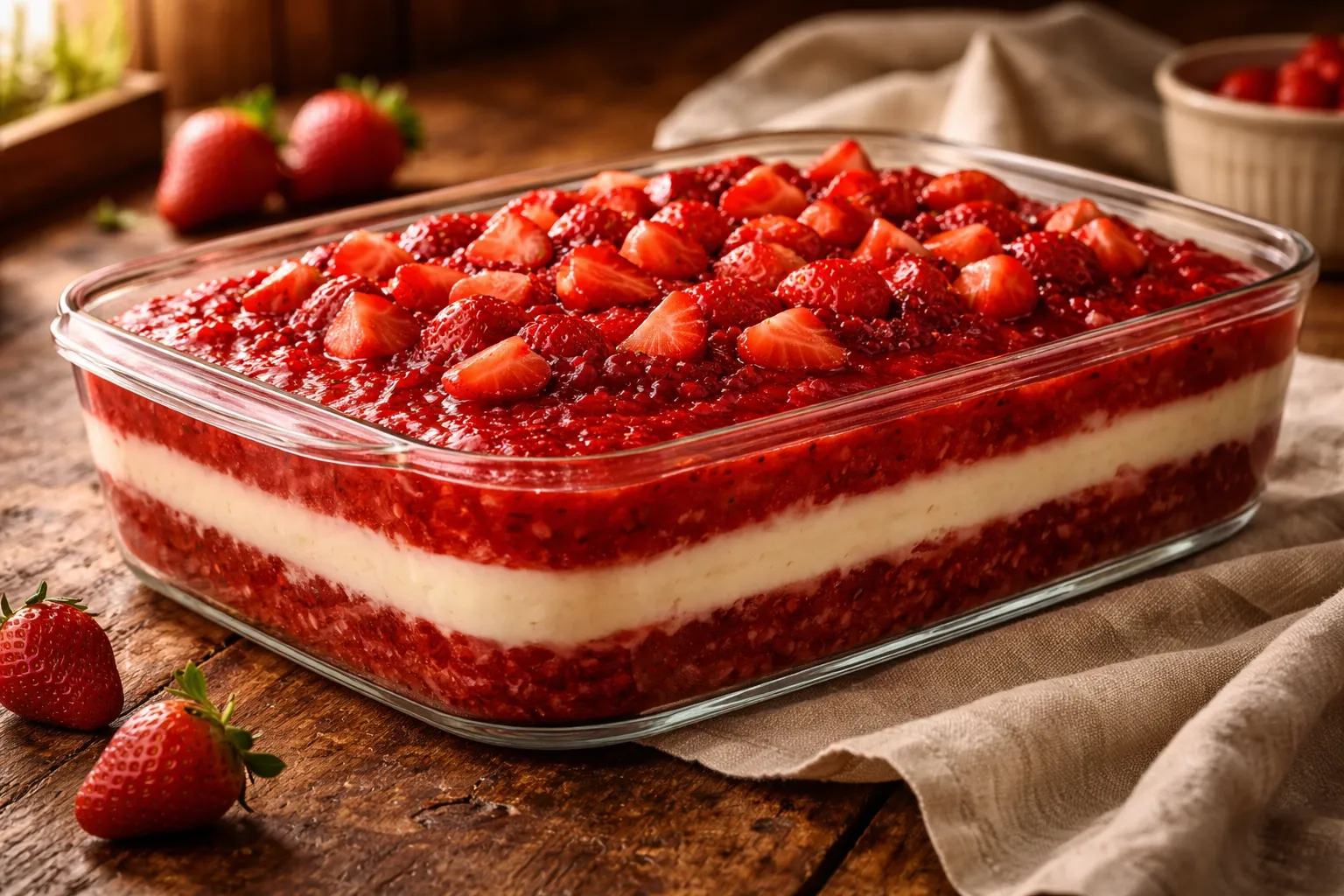 manjar de travessa com morango cremoso em camadas