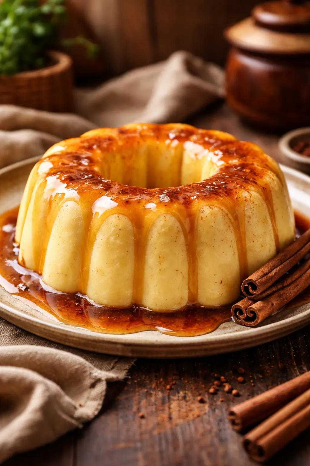 Manjar de milho com calda de canela servido em forma com calda brilhante