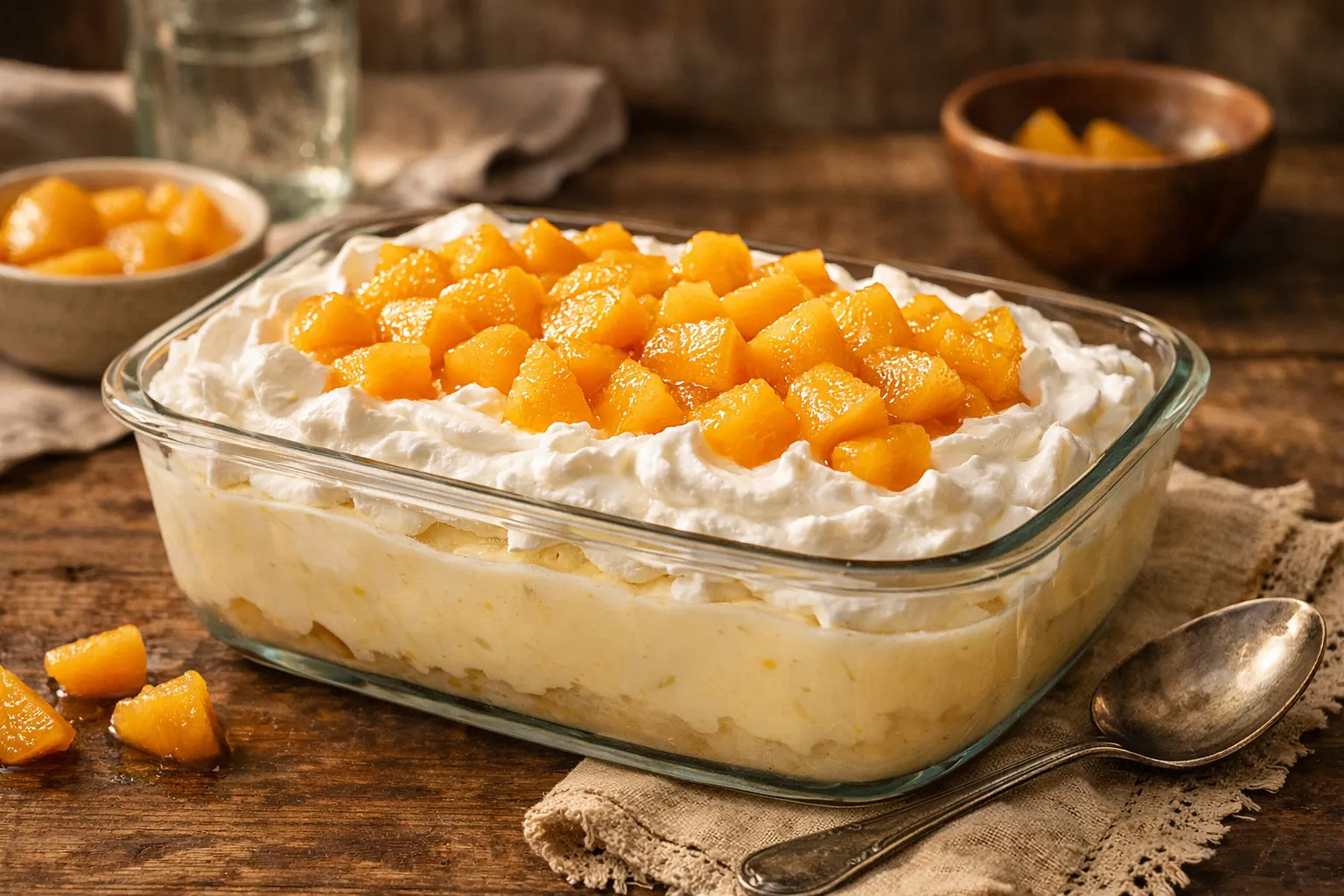 mousse de amido de milho com pêssego servida em taça de vidro