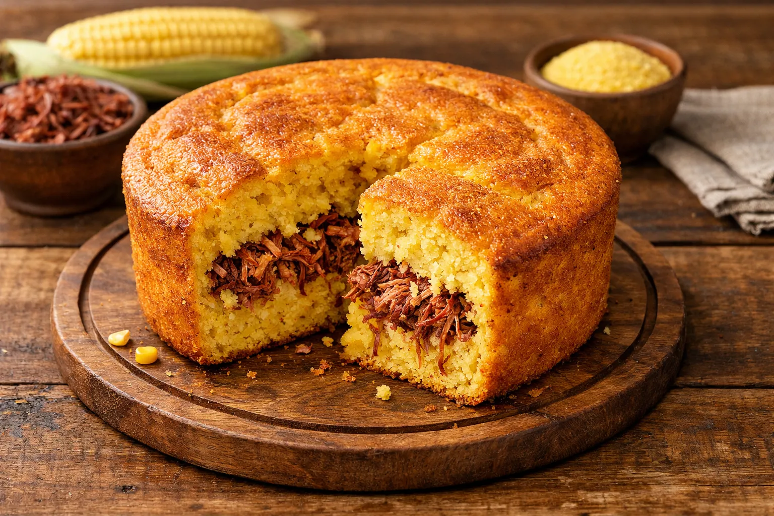 torta de milho com carne seca cortada mostrando recheio