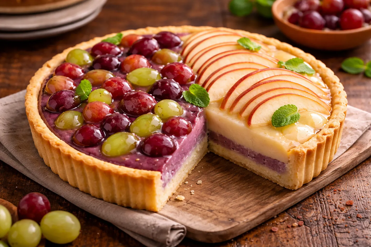 torta de maçã e uva decorada com frutas frescas