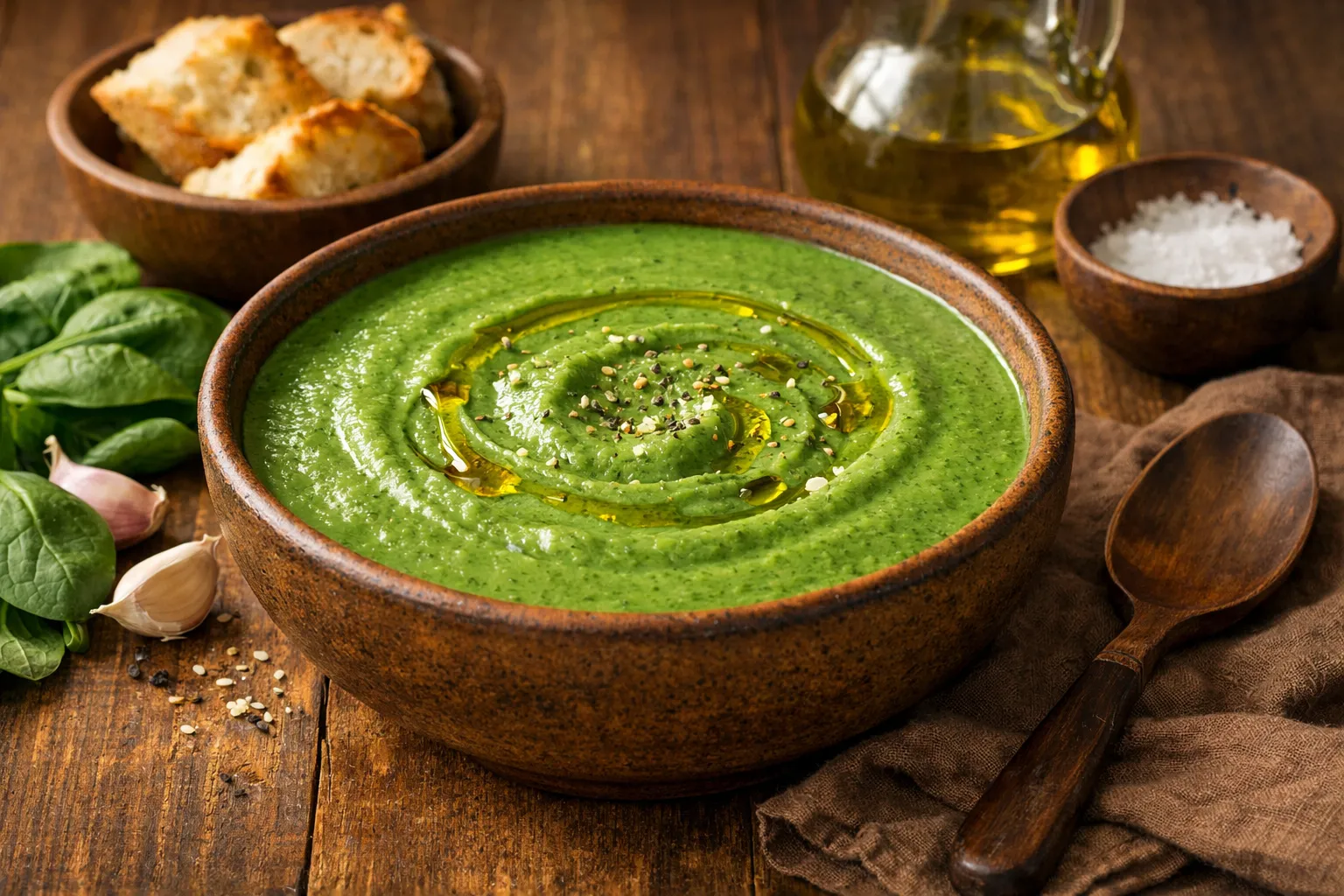 creme de espinafre cremoso servido em tigela