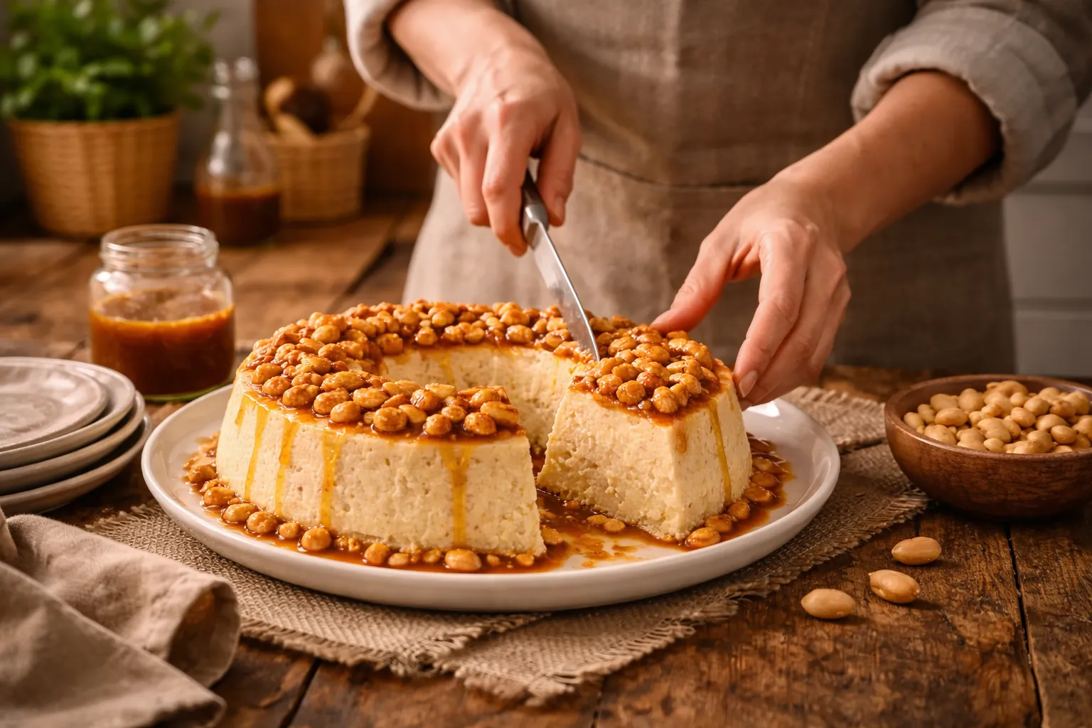 pudim sendo servido em ambiente caseiro