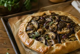 Torta de cogumelo e berinjela com bordas rústicas douradas e recheio aparente