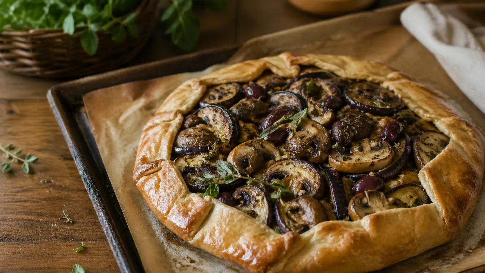 Torta de cogumelo e berinjela com bordas rústicas douradas e recheio aparente
