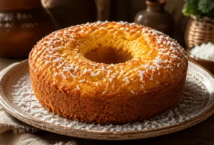 Bolo de abóbora com coco caseiro servido em prato rústico