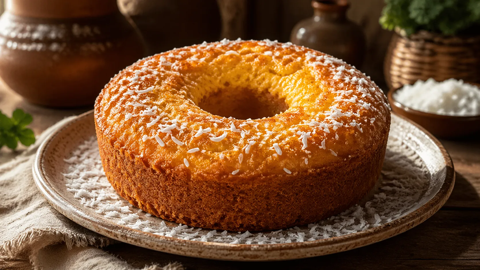 Bolo de abóbora com coco caseiro servido em prato rústico
