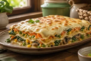 Lasanha de legumes caseira com molho cremoso e camadas coloridas servida em travessa