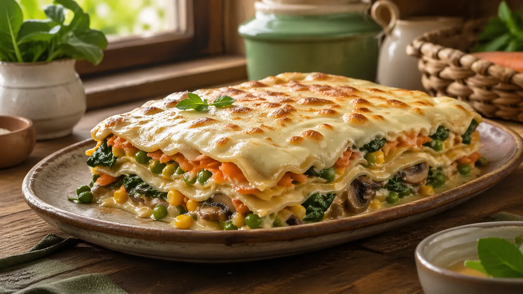 Lasanha de legumes caseira com molho cremoso e camadas coloridas servida em travessa