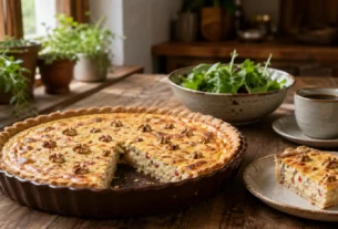 Quiche de ricota com nozes dourada servida em mesa rústica com fatia cortada