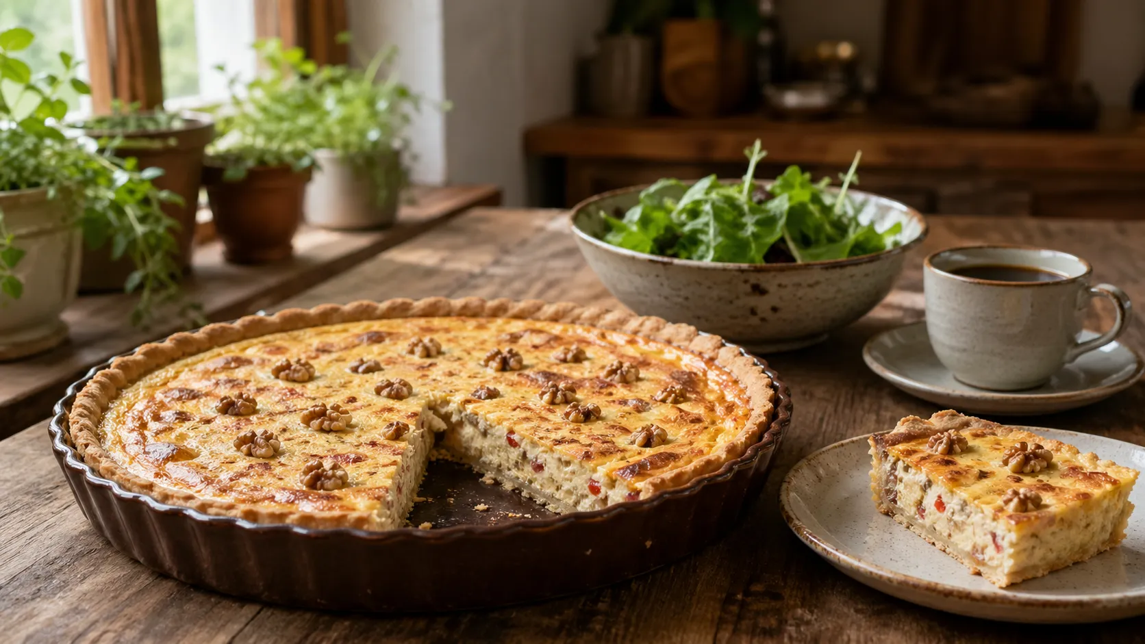 Quiche de ricota com nozes dourada servida em mesa rústica com fatia cortada