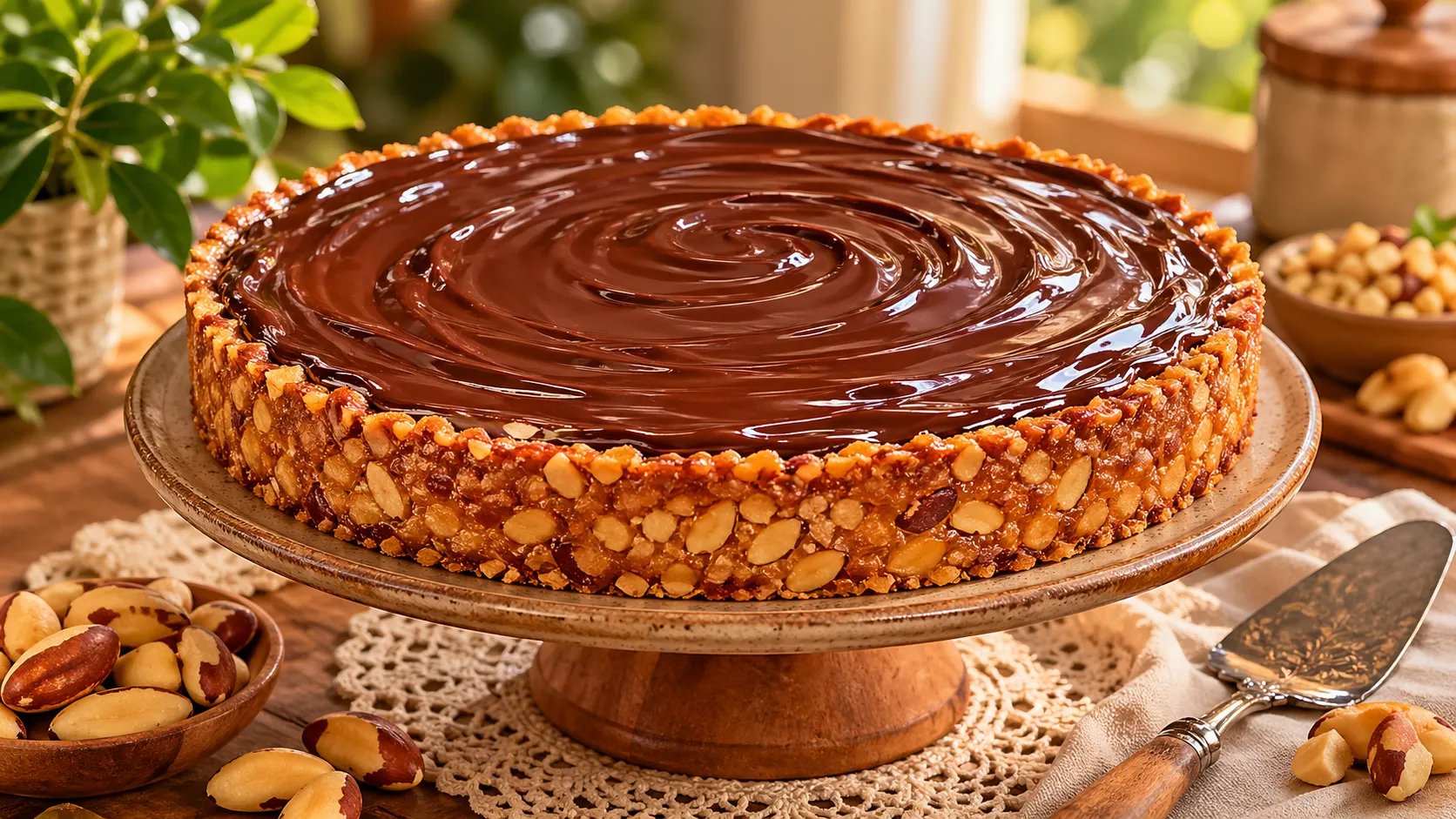 Torta de castanha-do-pará com chocolate inteira com cobertura brilhante