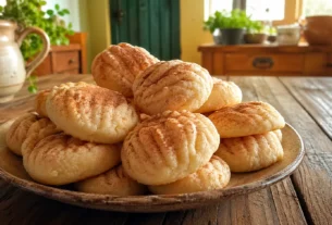 Bolacha de nata caseira polvilhada com canela servida em prato rústico
