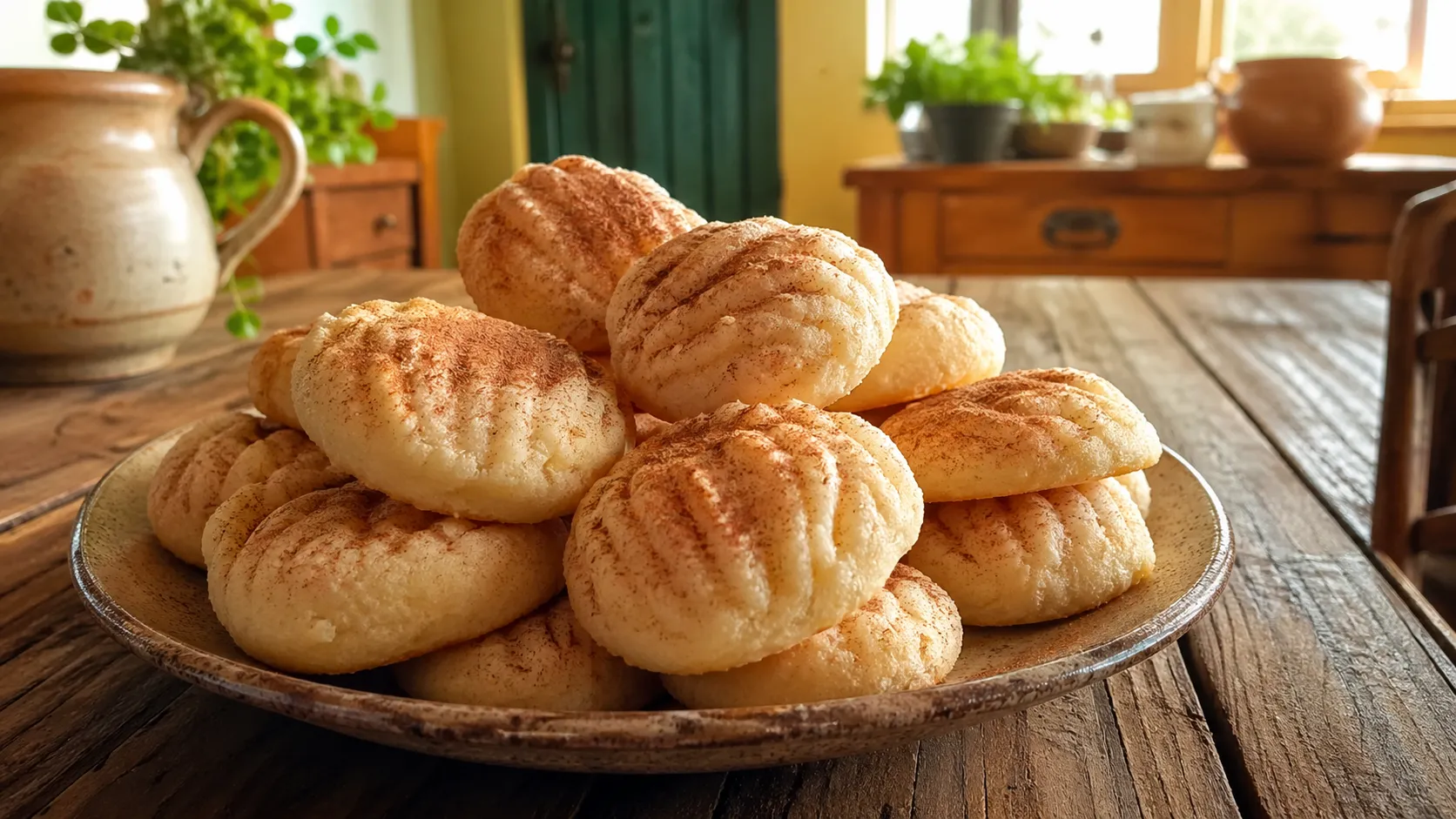 Bolacha de nata caseira polvilhada com canela servida em prato rústico