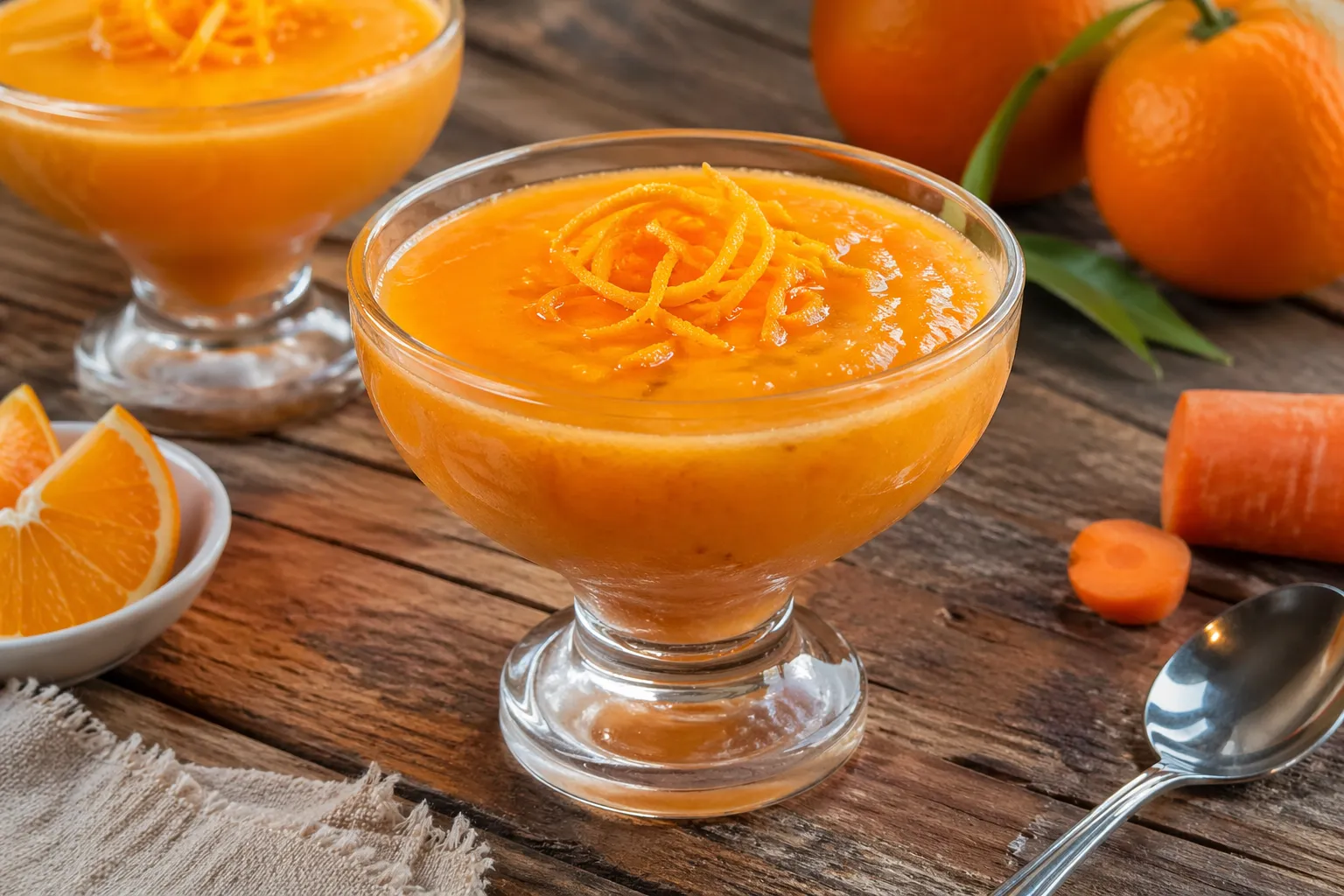 Creme de laranja e cenoura servido gelado em taça delicada