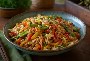 Xadrez de soja vegano com legumes coloridos e proteína de soja em pedaços pequenos