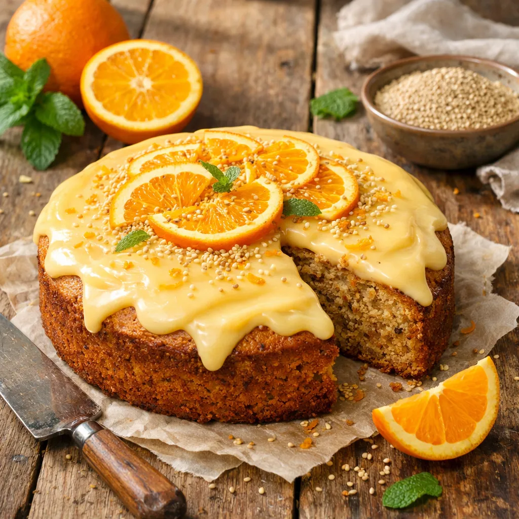 Bolo funcional de laranja e amaranto com cobertura cremosa