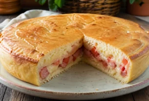 Torta salgada de liquidificador com recheio de presunto, queijo e tomate