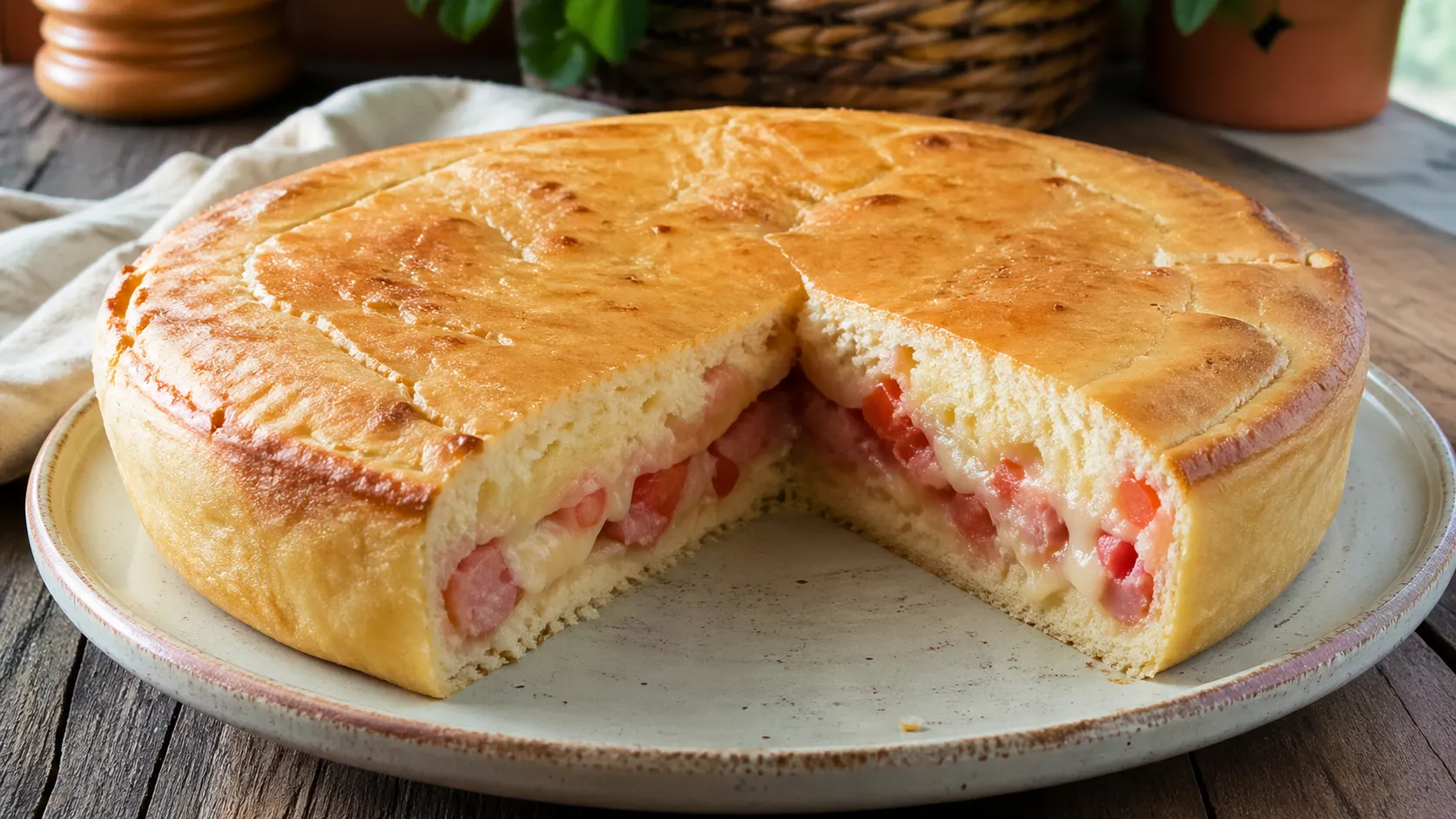 Torta salgada de liquidificador com recheio de presunto, queijo e tomate