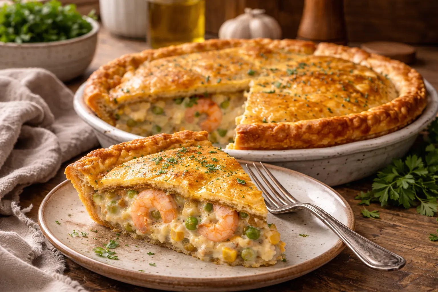 torta de camarão com massa de requeijão dourada e cremosa
