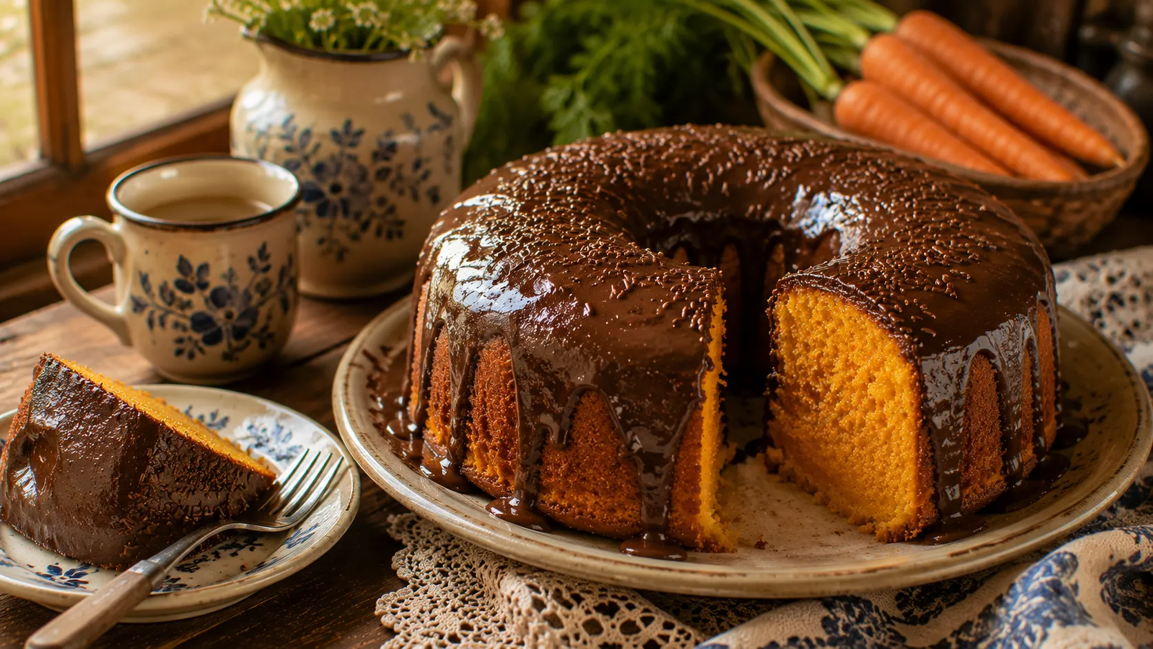 bolo de cenoura com canela coberto com chocolate