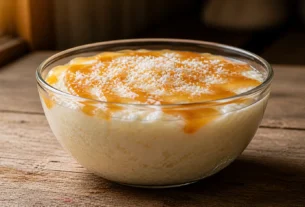 Mousse de coco cremosa caseira com calda de carameloMousse de coco cremosa caseira com calda de caramelo