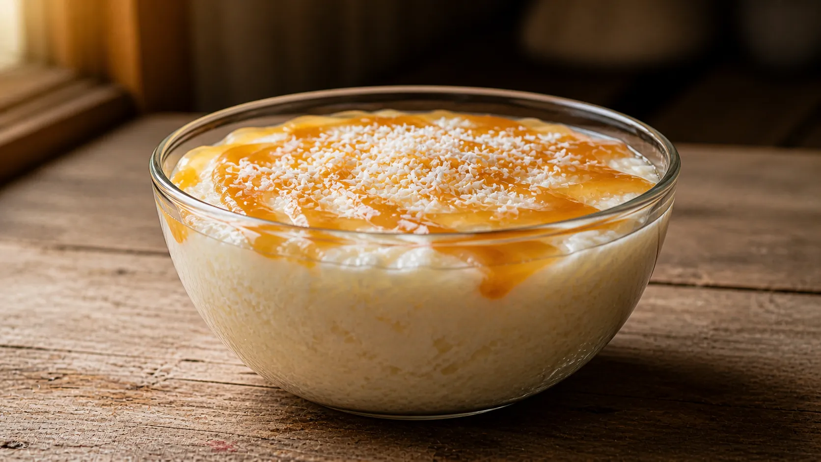 Mousse de coco cremosa caseira com calda de carameloMousse de coco cremosa caseira com calda de caramelo